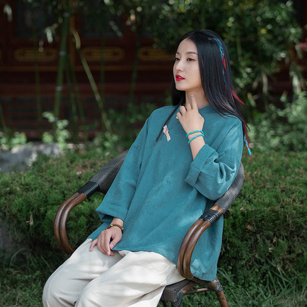 Women Sand-Washed Round Collar Zen Style Linen and Cotton Long Sleeves Side Cardigan Shirt