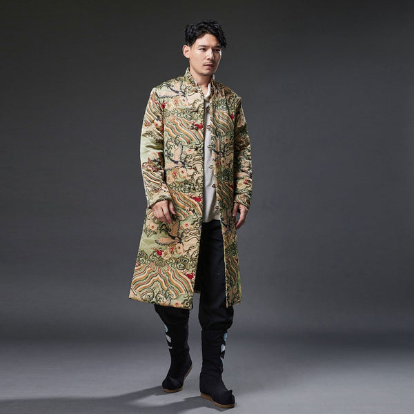 2021 Winter NEW! Men Retro Chinese Pattern Printed Linen and Cotton Quilted Tunic Type Coat