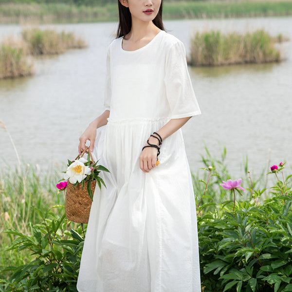 2022 Summer NEW! Women Loose Linen and Cotton Round Neck Middle Sleeve Maxi Dress