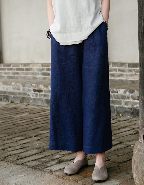 Women Casual Style Linen and Cotton Lantern Cropped Wide Leg Pants