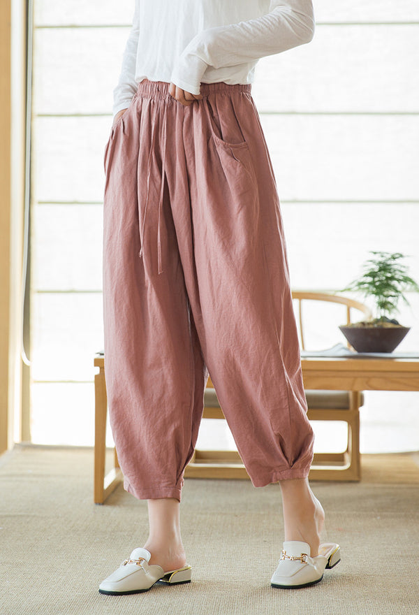 2022 Summer NEW! Women Modern Style Sand Washed Linen and Cotton Lantern Cropped Pants