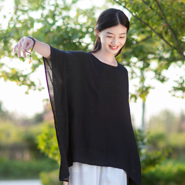 2022 Summer NEW! Women Modern Loose Style Linen and Cotton Round Necked Elbow Sleeves Shirt