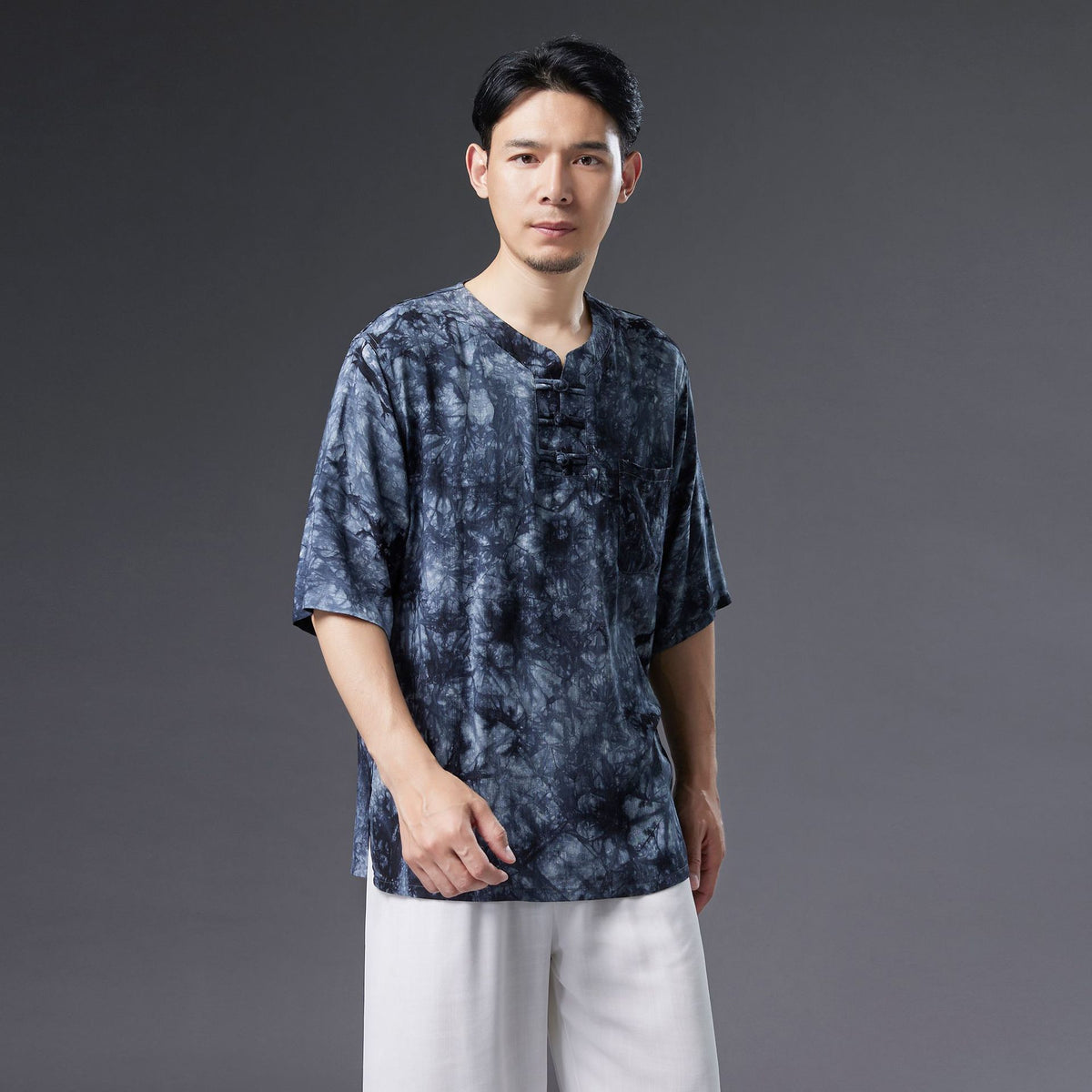 Men Causal Style Linen and Cotton Short Sleeve Dyed Color Tops