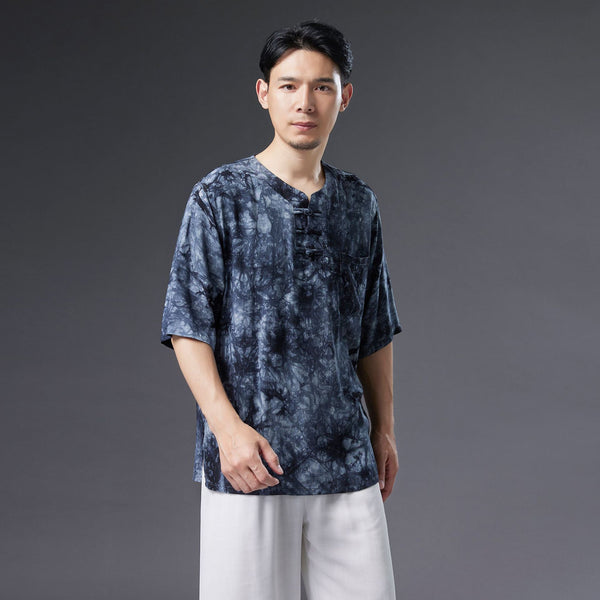 Men Causal Style Linen and Cotton Short Sleeve Dyed Color Tops