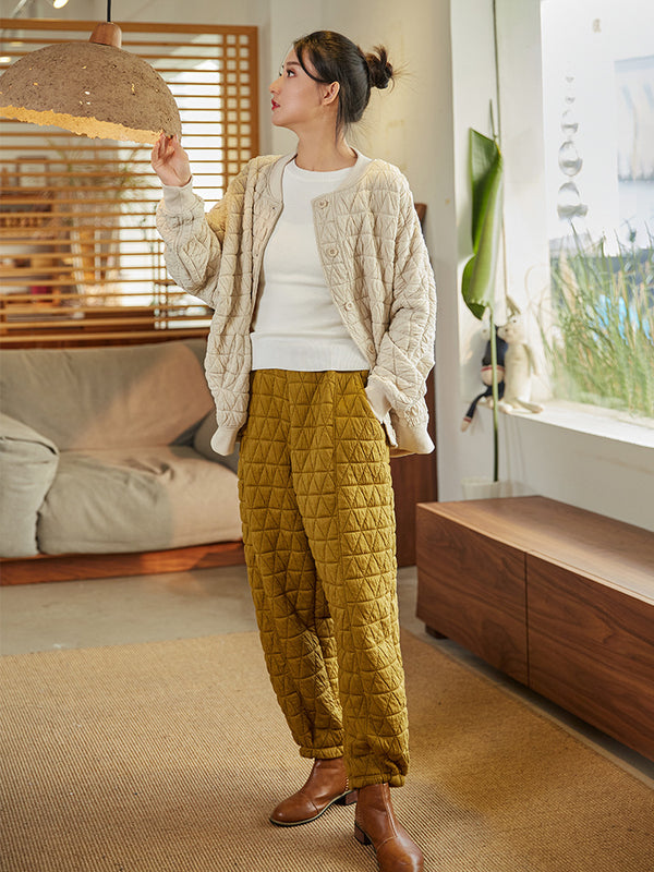 2021 Winter NEW! Women Linen and Cotton Hidden Grid Style Lantern Cropped Pants