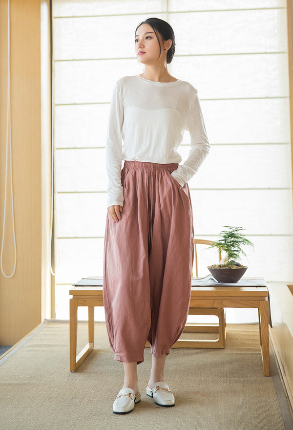 2022 Summer NEW! Women Modern Style Sand Washed Linen and Cotton Lantern Cropped Pants