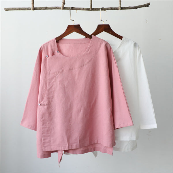 Women Modern Style Linen and Cotton Middle Sleeves Chinese Blouse