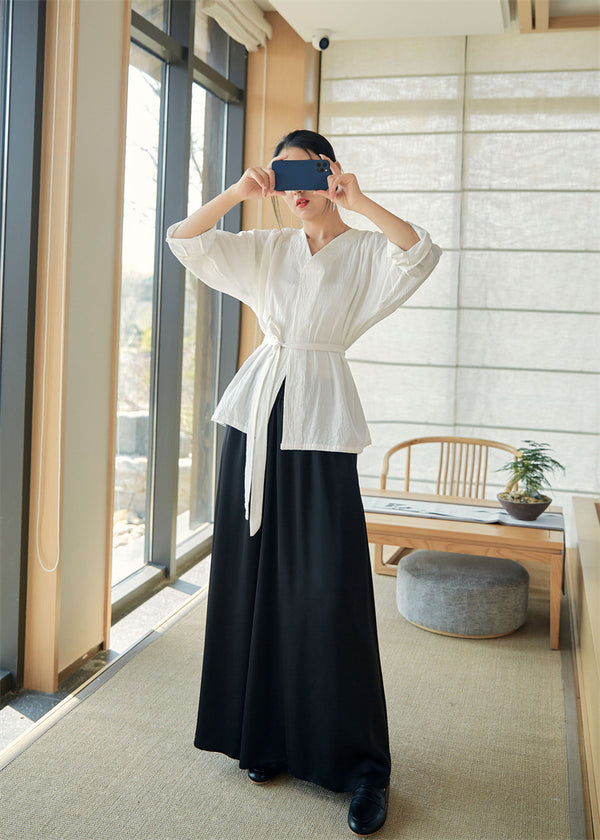 2022 Summer NEW! Women Modern Style Linen and Cotton V-necked Shirt