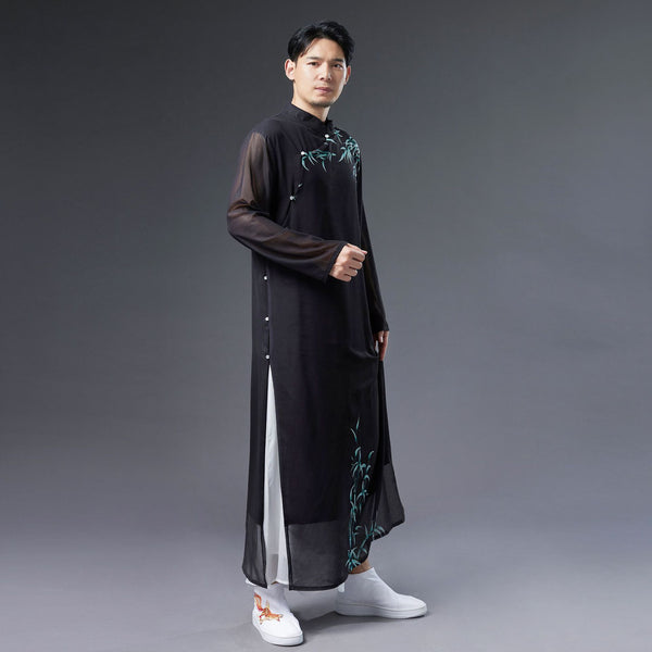 Men Classic Asian Style Linen Long Sleeve Round Collar Bamboo Printed Cheongsam