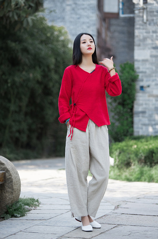 Women Zen Style Linen and Cotton Long Sleeves Side Cardigan Wrinkled Shirt