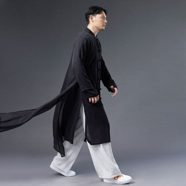 Men Classic Asian Style Linen Long Sleeve Round Collar Pure Color Cheongsam