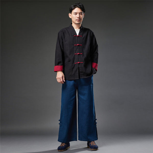 2021 Autumn NEW! Men Retro Style Linen and Cotton Drawstring Wide Leg Cropped Pants