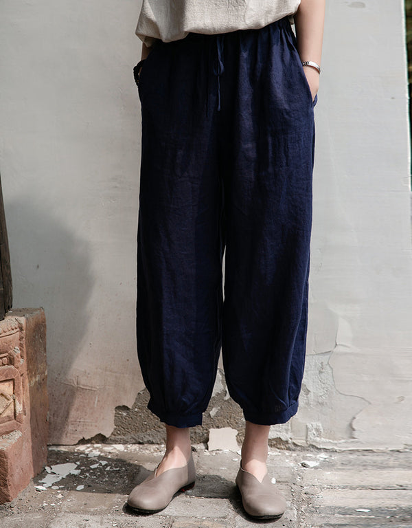 Women Lantern Style Linen and Cotton Lantern Cropped Pants