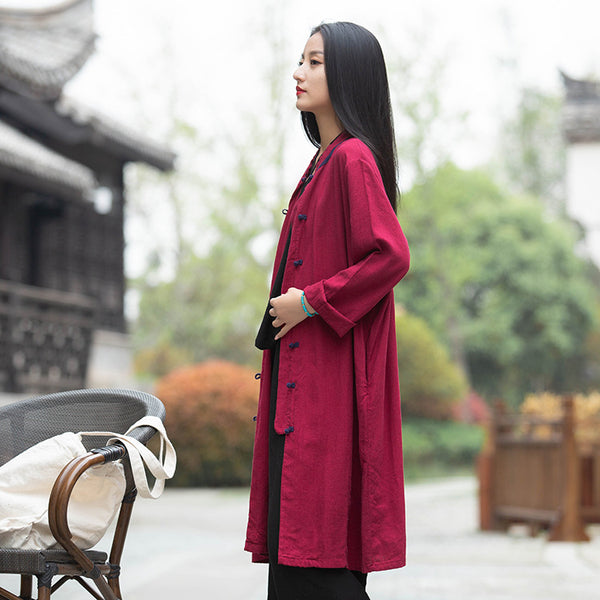 Women Round Collar Asian Style Linen and Cotton Long-sleeved Coat