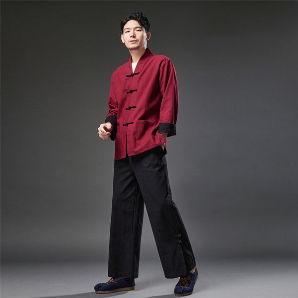 2021 Autumn NEW! Men Retro Style Linen and Cotton Drawstring Wide Leg Cropped Pants