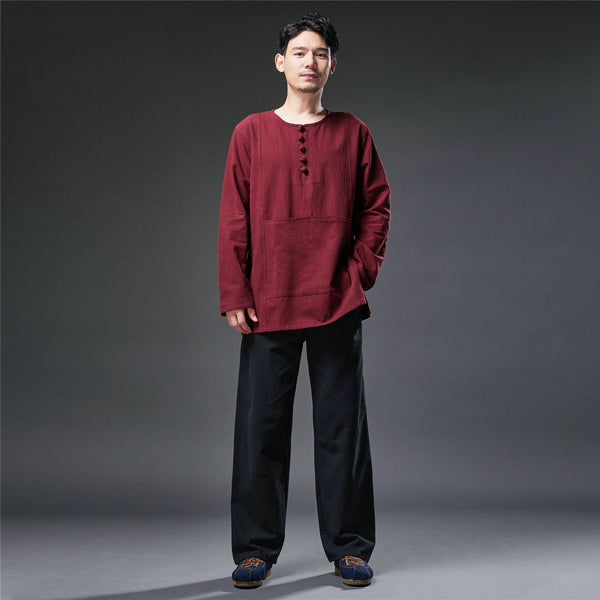 2021 Autumn NEW! Men Retro Style Linen and Cotton Pullover Long Sleeve T-shirt