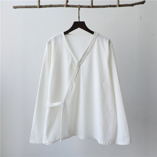 Women V-necked Zen Style Linen and Cotton Long Sleeves Cardigan Shirt