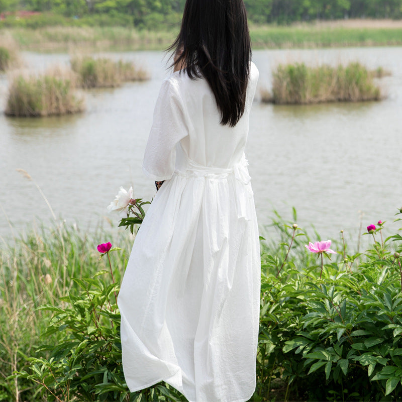 Summer NEW! Women Loose Linen and Cotton Round Neck Middle Sleeve Maxi Dress