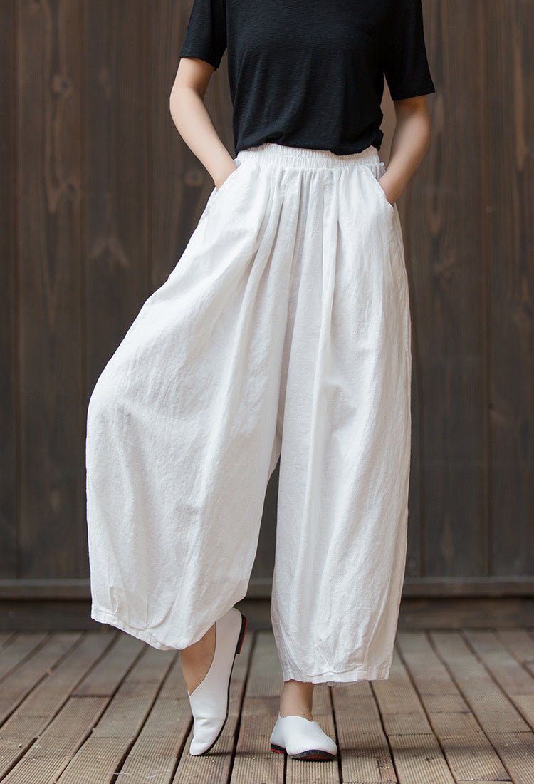 Summer NEW! Women Modern Lantern Style Linen and Cotton Corpped Pants