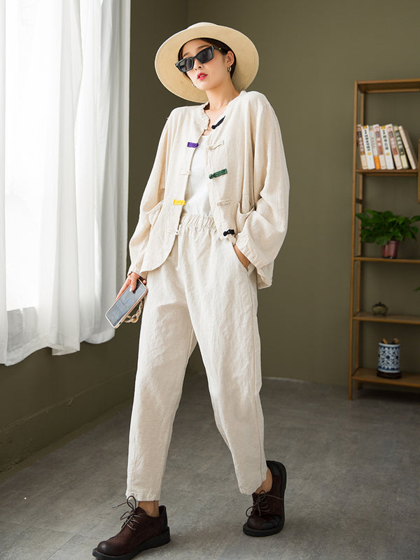 2021 Autumn NEW! Women Round Collar Zen Style Linen and Cotton Long Sleeves Thin Cardigan Jacket and Pants