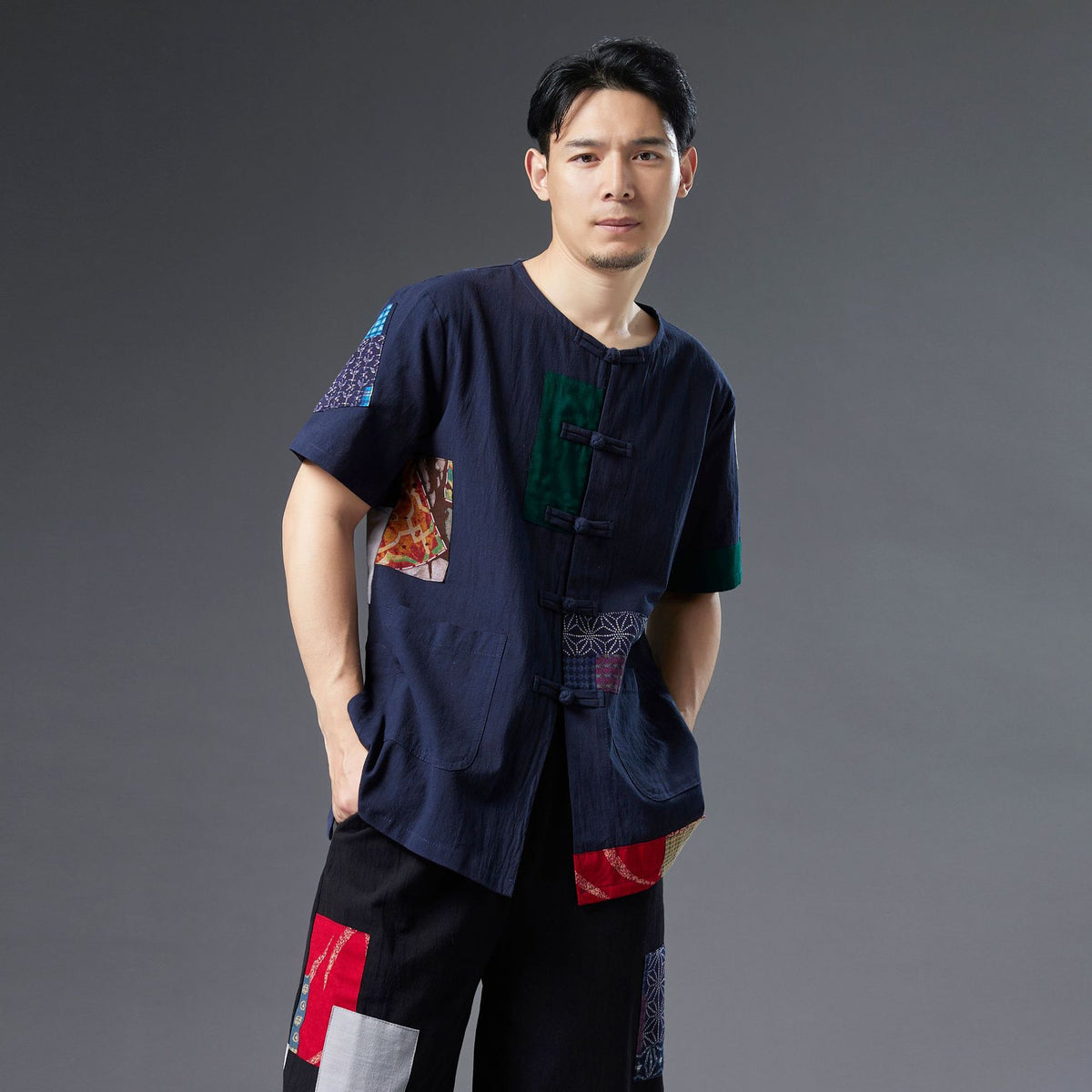 Men Retro Style Linen and Cotton Short Sleeve Patchwork Cardigan Shirts