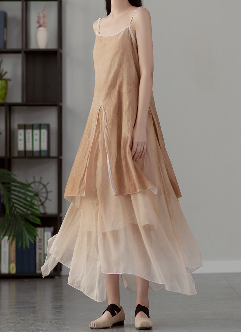 Summer NEW! Women Extra Loose Comfortable Linen and Cotton Dyed Color Slip Dress