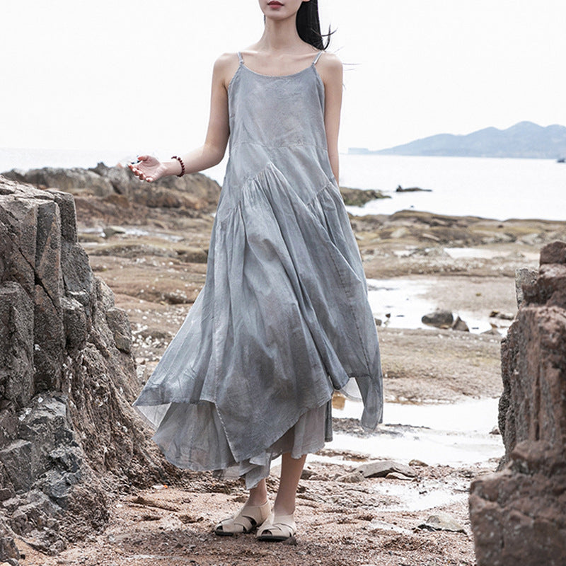 Women Loose Linen and Cotton Dyed Color Slip Dress Gray Dyed Women Loose Linen and Cotton Dyed Color Slip Dress Gray Dyed