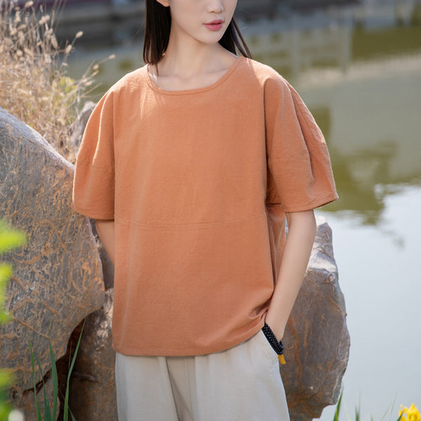 2022 Summer NEW! Women Causal Style Linen and Cotton Round Necked Short Sleeves Shirt