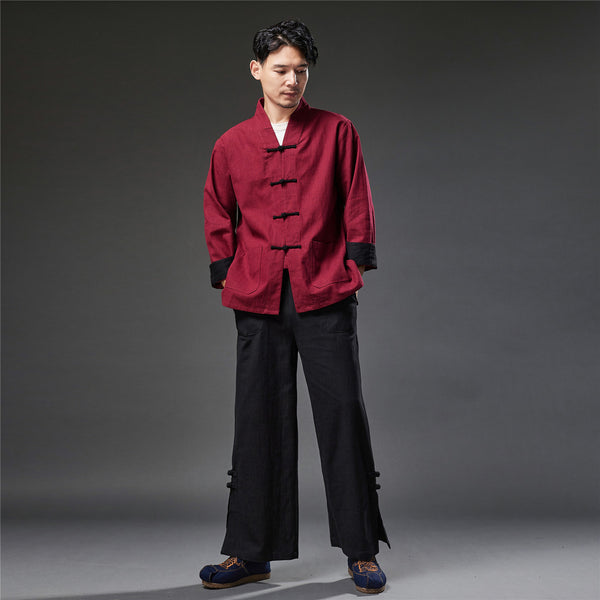 2021 Autumn NEW! Men Retro Style Linen and Cotton Drawstring Wide Leg Cropped Pants