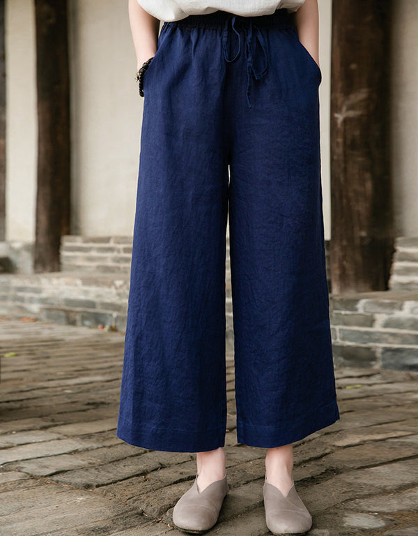 Women Casual Style Linen and Cotton Lantern Cropped Wide Leg Pants