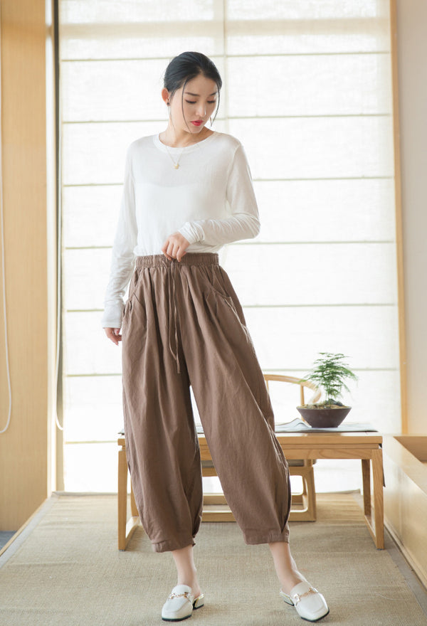 2022 Summer NEW! Women Modern Style Sand Washed Linen and Cotton Lantern Cropped Pants