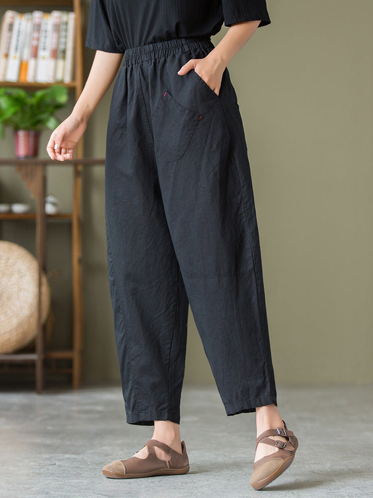 Autumn NEW! Women Lantern Style Linen and Cotton Causal Patchwork Front Pocket Cropped Capris