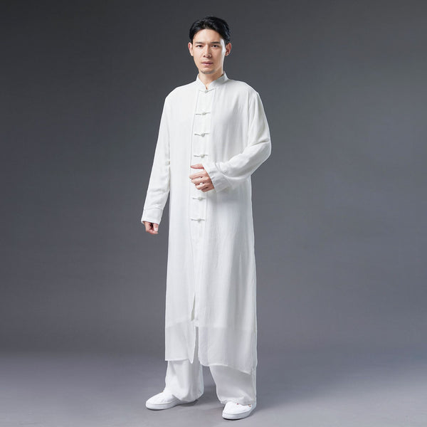 Men Classic Asian Style Linen Long Sleeve Round Collar Pure Color Cheongsam