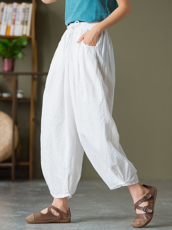 2021 Autumn NEW! Women Lantern Style Linen and Cotton Causal with Waist Belt Loose Cropped Pants