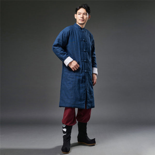 2021 Winter NEW! Men Retro Chinese Style Linen and Cotton Quilted Long Tunic Coat