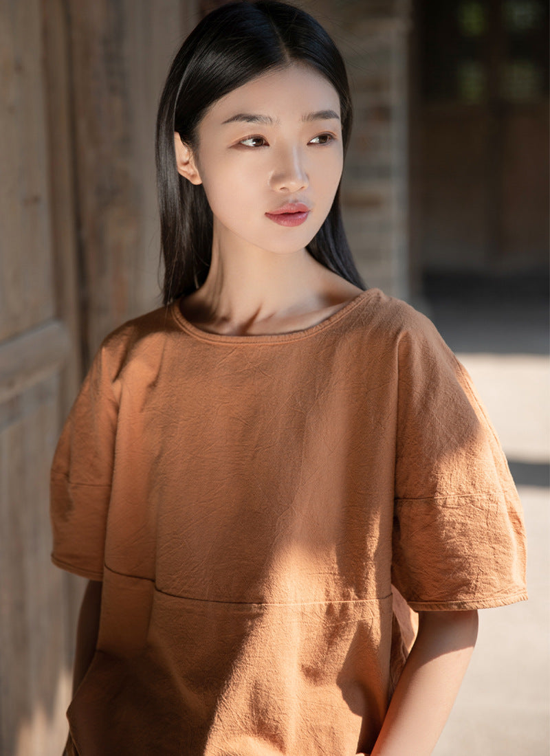 Summer NEW! Women Causal Style Linen and Cotton Round Necked Short Sleeves Shirt