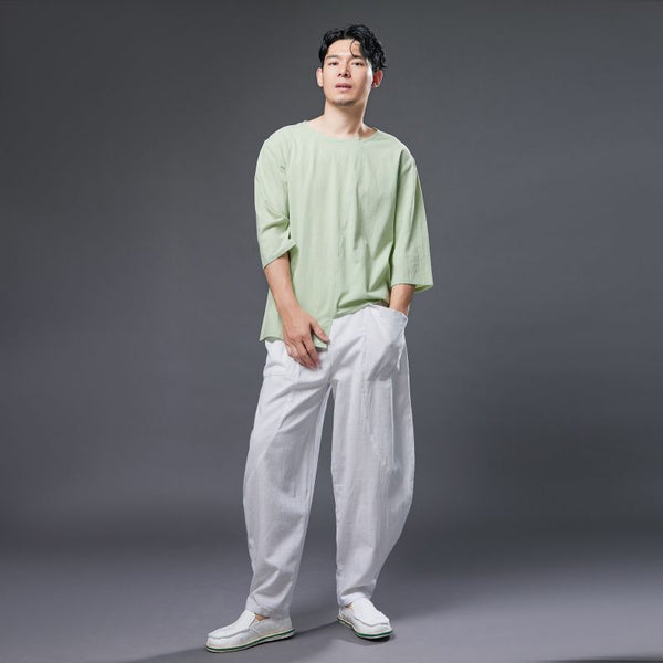 2022 Summer NEW! Men Pure Color Linen and Cotton Middle Sleeve T-Shirts