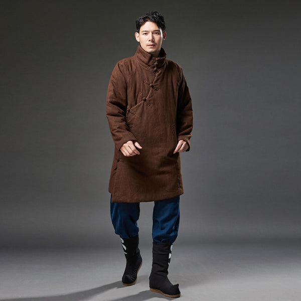 2021 Winter NEW! Men Retro Style Linen and Cotton Quilted Side Buckle Coat