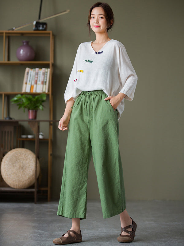 2021 Autumn NEW! Women Linen and Cotton Causal Cropped Wide Leg Pants