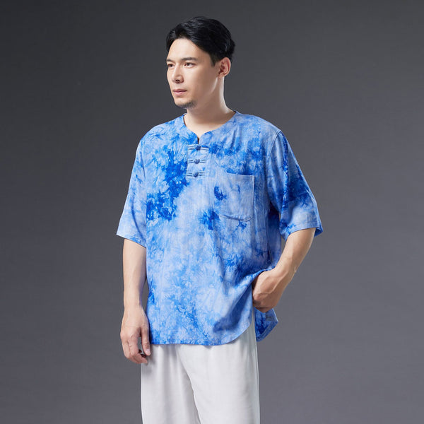 Men Causal Style Linen and Cotton Short Sleeve Dyed Color Tops