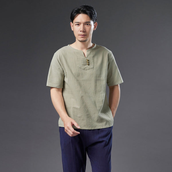 Men Causal Round Neck Style Linen and Cotton Short Sleeve Tops
