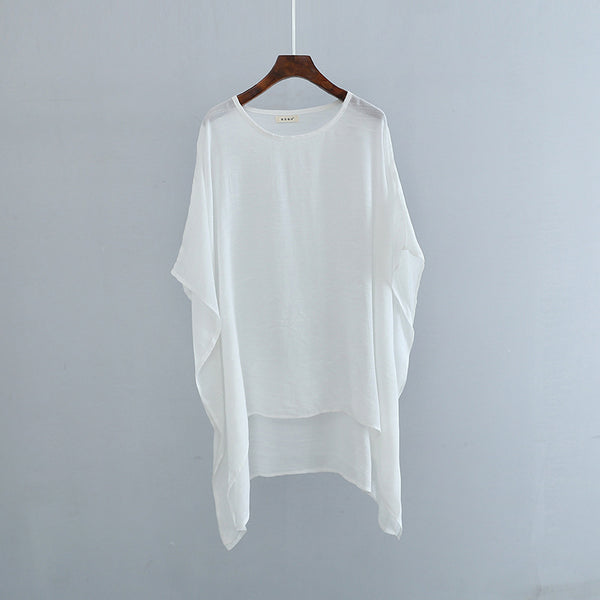 2022 Summer NEW! Women Modern Loose Style Linen and Cotton Round Necked Elbow Sleeves Shirt