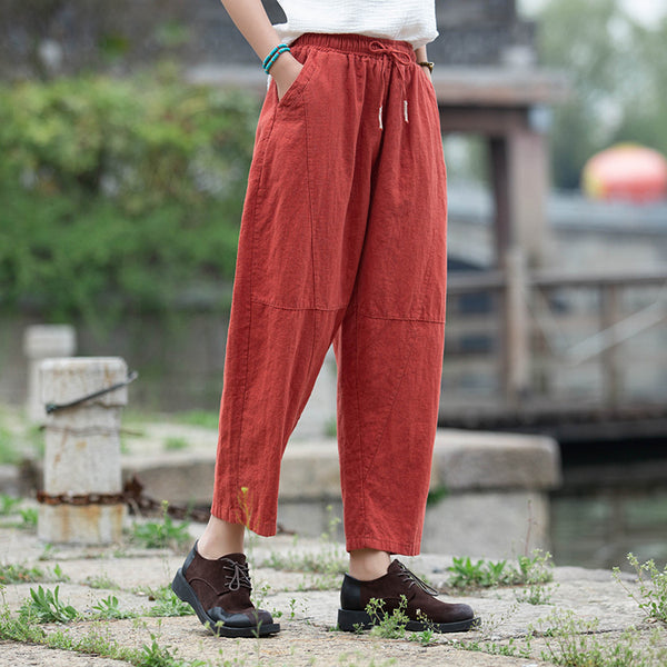 Women Linen and Cotton Causal Loose Cropped Drawstring Capris
