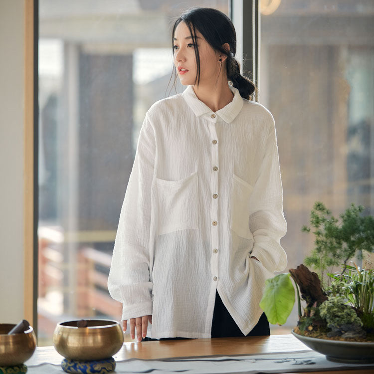 Summer NEW! Women Modern Style Linen and Cotton Big Pockets Long Sleeve Shirt