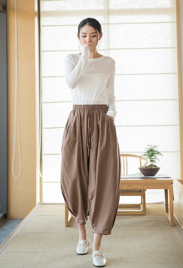 2022 Summer NEW! Women Modern Style Sand Washed Linen and Cotton Lantern Cropped Pants