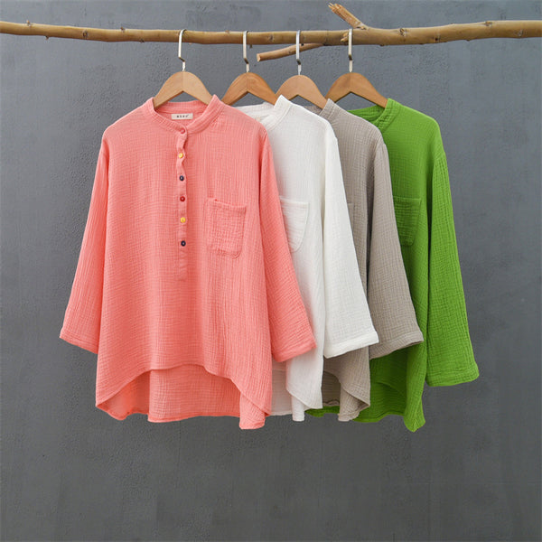 2021 Autumn NEW! Women Simple Light Style Linen and Cotton Pure Color Top Buckle Wrinkled Blouse Shirt