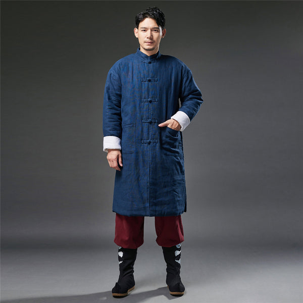 2021 Winter NEW! Men Retro Chinese Style Linen and Cotton Quilted Long Tunic Coat