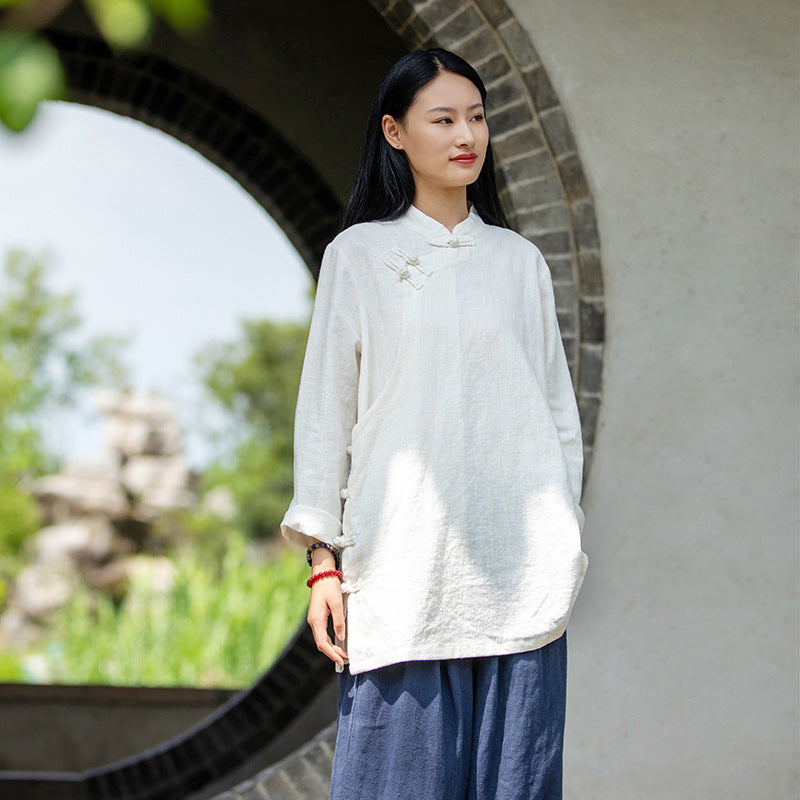 Autumn NEW! Women Simple Retro Style Linen and Cotton Pure Color Top Buckle Blouse Shirt