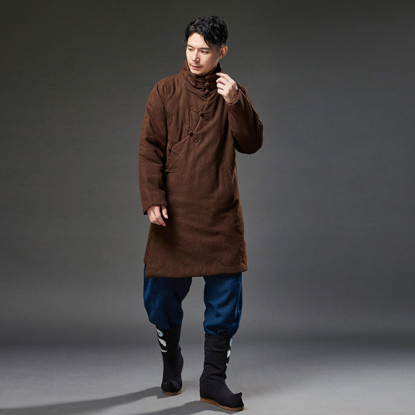 2021 Winter NEW! Men Retro Style Linen and Cotton Quilted Side Buckle Coat