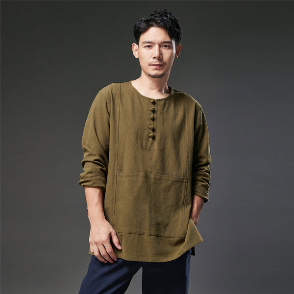 2021 Autumn NEW! Men Retro Style Linen and Cotton Pullover Long Sleeve T-shirt